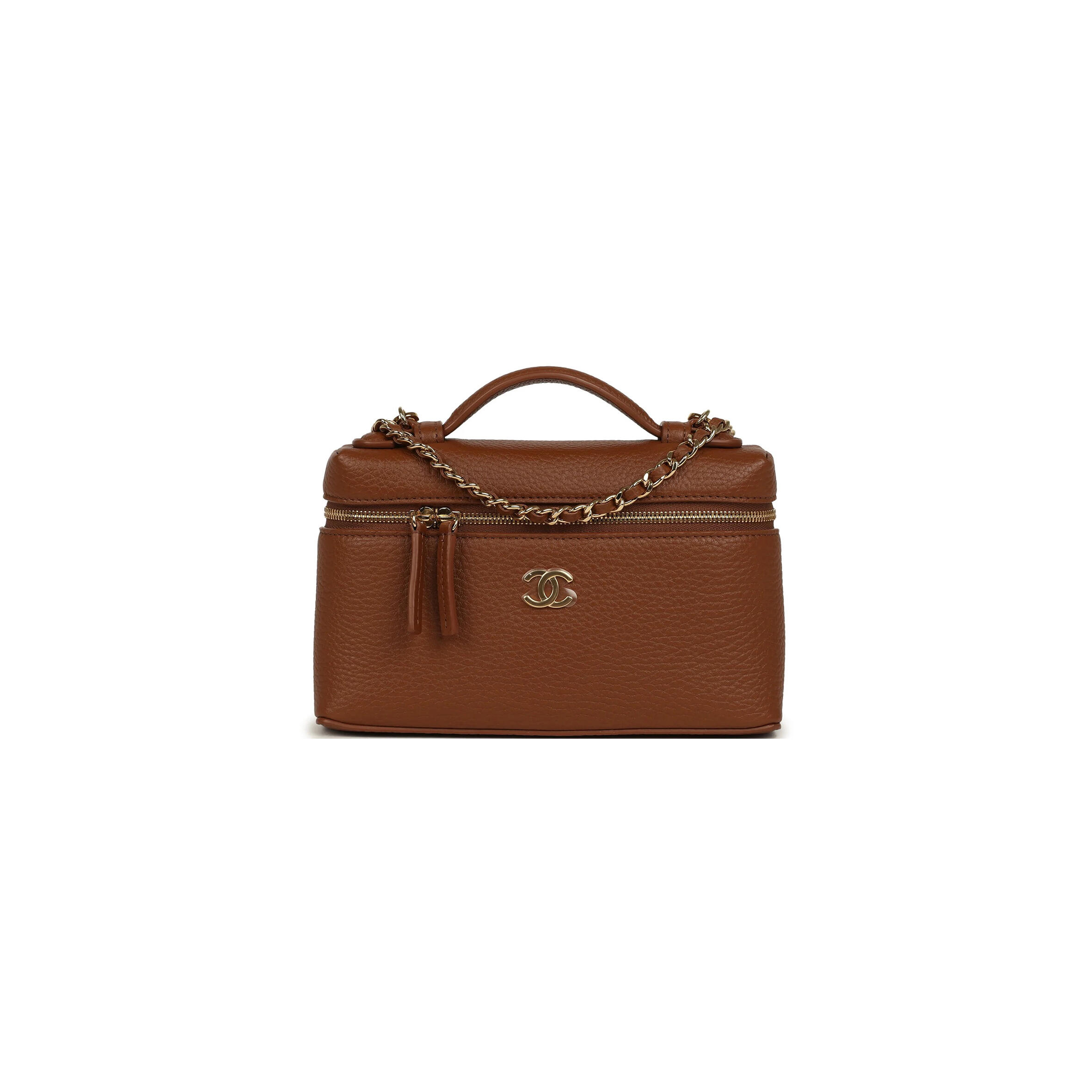 CHANEL MASTER GRAINED CALFSKIN TOP HANDLE SLIM VANITY CASE WITH CHAIN CAMEL CAMEL (19*12*5cm)